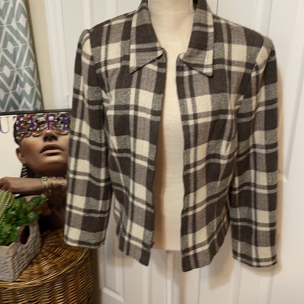 Gloria Vanderbilt Plaid Jacket/ Gray & Brown/ Zipper Closure/ Size 14 - Picture 3 of 9